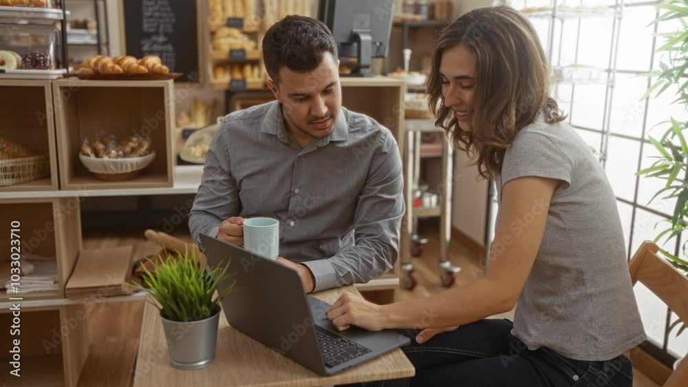 Man and woman working together on a laptop in a cozy bakery shop with shelves filled with pastries and bread in the background. Man and woman working together on a laptop in a cozy bakery shop with shelves filled with pastries and bread in the background.