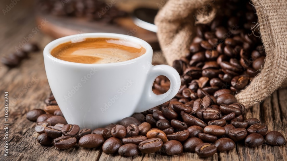 Espresso in a white cup surrounded by roasted coffee beans spilling out of a rustic burlap bag Espresso in a white cup surrounded by roasted coffee beans spilling out of a rustic burlap bag