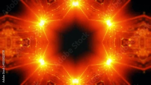 Bright and radiant orange starburst design with intricate details and symmetrical patterns, glowing intensely against a dark background.