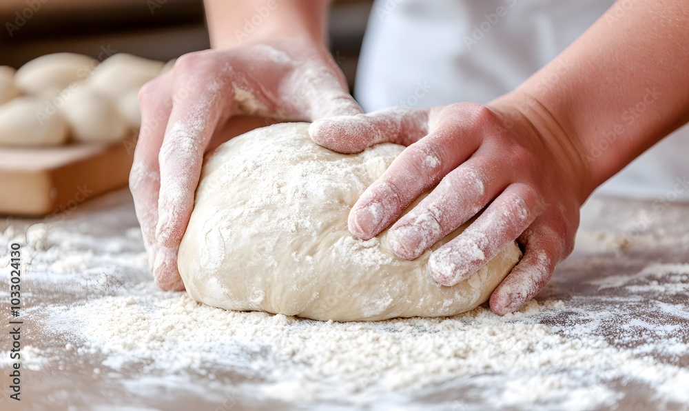 Hands kneading dough on a floured surface, Generative AI Hands kneading dough on a floured surface, Generative AI