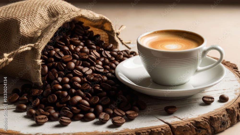 Espresso in a white cup surrounded by roasted coffee beans spilling out of a rustic burlap bag Espresso in a white cup surrounded by roasted coffee beans spilling out of a rustic burlap bag
