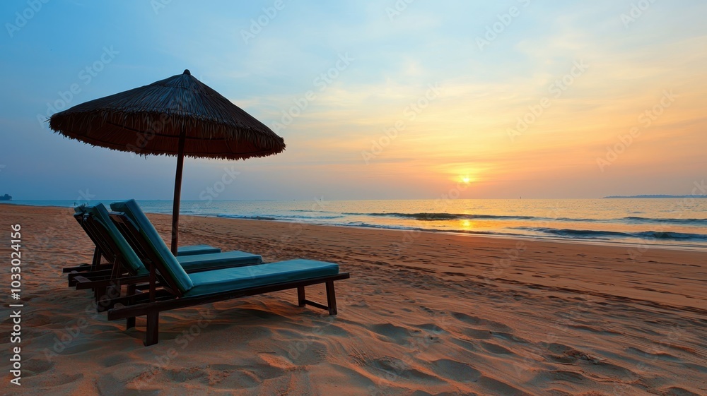 Serene Sunset Beach Getaway with Lounge Chairs and Umbrellas for Relaxation Serene Sunset Beach Getaway with Lounge Chairs and Umbrellas for Relaxation