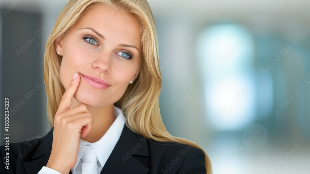 A cheerful young woman in her office, resting her chin on her fingers, exuding confidence and professionalism. A cheerful young woman in her office, resting her chin on her fingers, exuding confidence and professionalism.