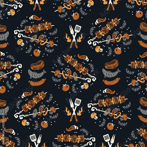 BBQ Party Time. Meat Kebab or Shashlik and Barbeque Vegetable Skewer. Barbecue Grill Meat and Vegetable. Vector Seamless Food Pattern.