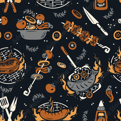 BBQ Party Time. Vector Seamless Food Pattern of Barbecue Grill Meat and Vegetable. Meat Kebab or Shashlik and Barbeque Vegetable Skewer.