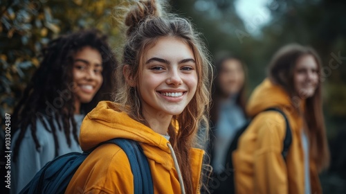 Cheerful students enjoy a bright autumn day on campus, celebrating friendship and laughter after classes with their backpacks.