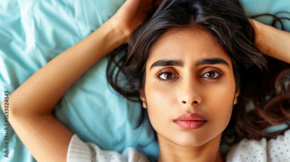 Fototapeta premium A stunning young woman rests comfortably in a clinic room, showcasing her beauty and serenity amidst her healing journey.