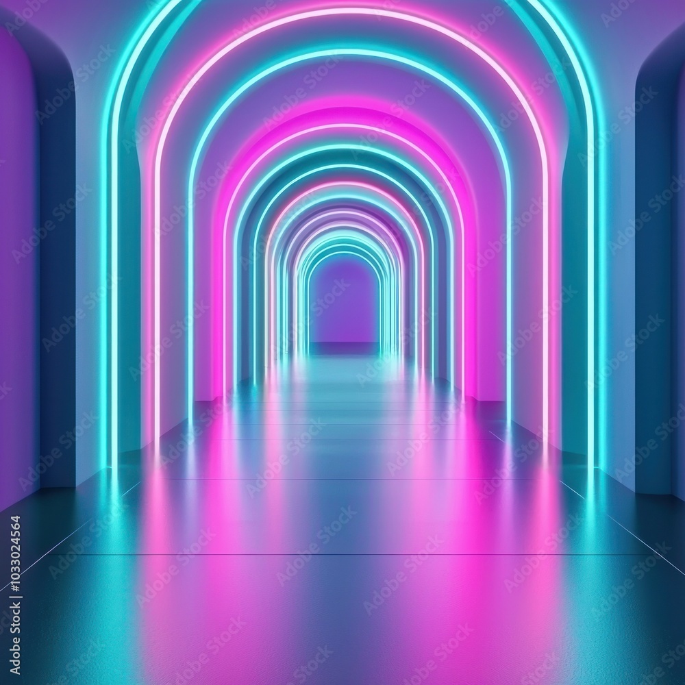 Exploring a futuristic space with vibrant neon arches and reflective surfaces creating a dreamlike ambiance Exploring a futuristic space with vibrant neon arches and reflective surfaces creating a dreamlike ambiance