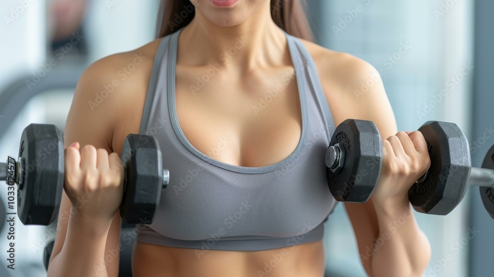 Strong woman flexes her biceps with a dumbbell, showcasing her dedication and strength at the gym. Strong woman flexes her biceps with a dumbbell, showcasing her dedication and strength at the gym.