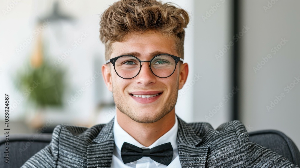 A dapper young man in a suit and bow tie sits confidently in an armchair, engaging the camera with charm. A dapper young man in a suit and bow tie sits confidently in an armchair, engaging the camera with charm.