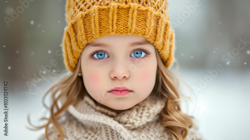 A young girl wearing a hat smiles brightly against a magical winter wonderland, capturing the essence of joy.