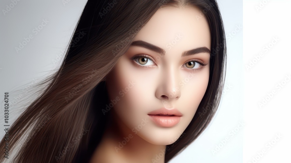 Fototapeta premium A stunning Asian woman flaunts her flawless skin and long brown hair, embodying the essence of beauty and health.