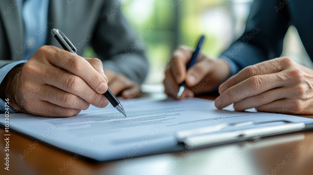 Two professionals engaged in a formal negotiation, exchanging documents and finalizing an important business contract.