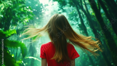 A stunning K image of a girl in a lush forest, her hair flowing as she gazes into the serene unknown. photo