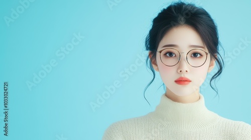 A 3Dstyle portrait of a young Asian woman with glasses, expressing doubt and curiosity against a light backdrop. photo