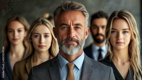 A professional team of accountants dressed in suits poses confidently against a clean white background, showcasing unity.