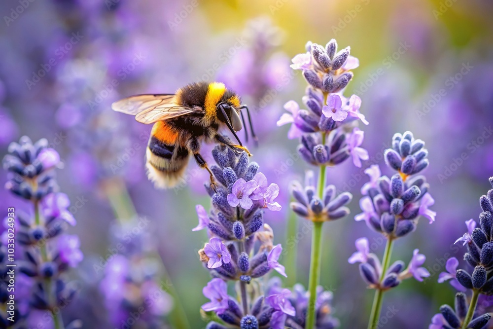 Bumblebee searching for nectar on lavender flower in nature Bumblebee searching for nectar on lavender flower in nature