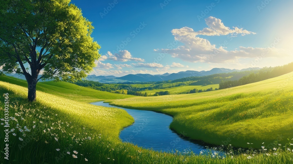 Serene Landscape with River and Mountains in Background Serene Landscape with River and Mountains in Background