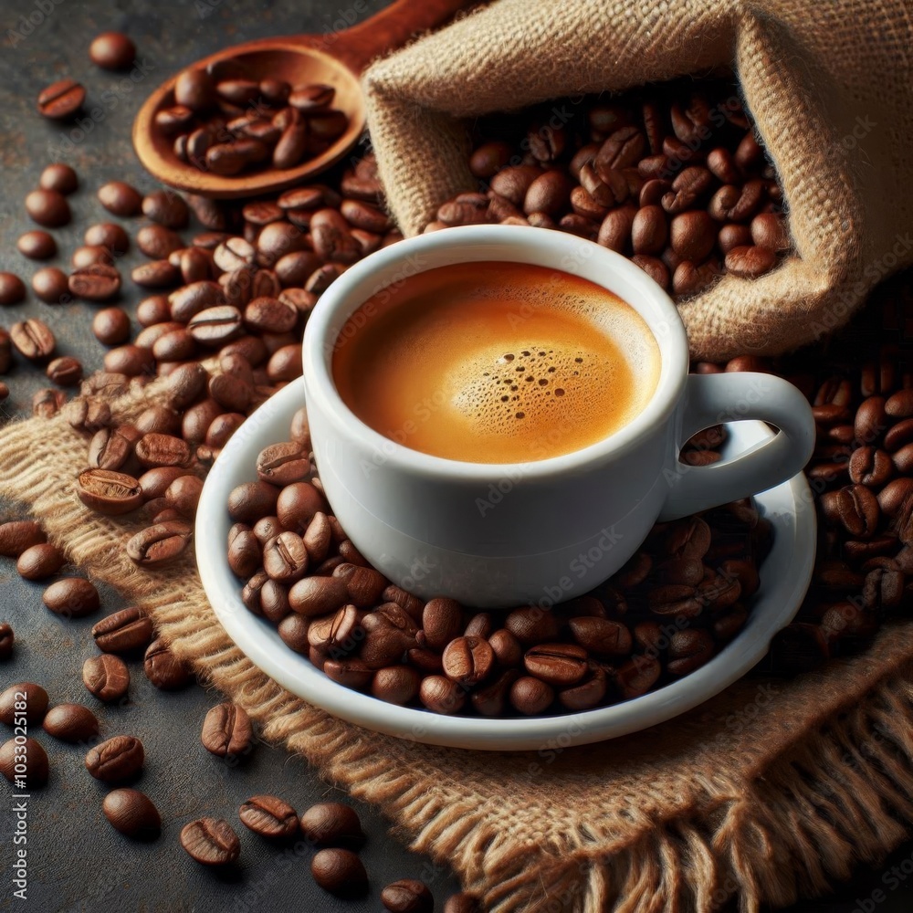 Espresso in a white cup surrounded by roasted coffee beans spilling out of a rustic burlap bag Espresso in a white cup surrounded by roasted coffee beans spilling out of a rustic burlap bag
