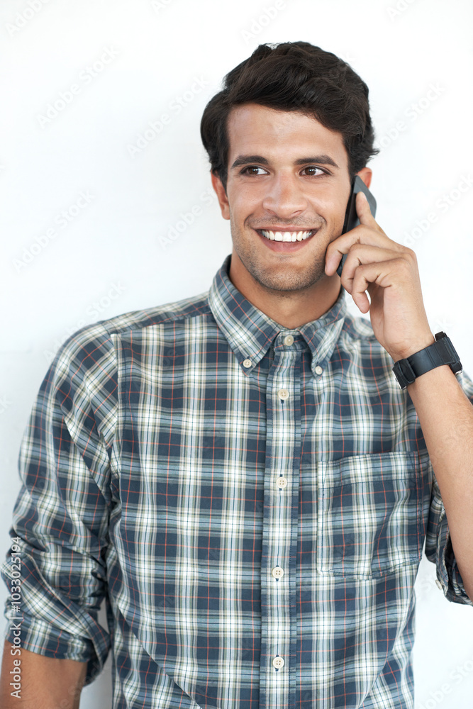 Creative, phone call or happy man in studio thinking of white background for communication or networking. Feedback, fashion ideas or designer speaking on mobile for listening, discussion or talking Creative, phone call or happy man in studio thinking of white background for communication or networking. Feedback, fashion ideas or designer speaking on mobile for listening, discussion or talking