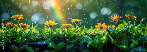 Billboard with spring rain, web banner with rainbow in the sky, grass and flowers on the ground, nature background with copy space.