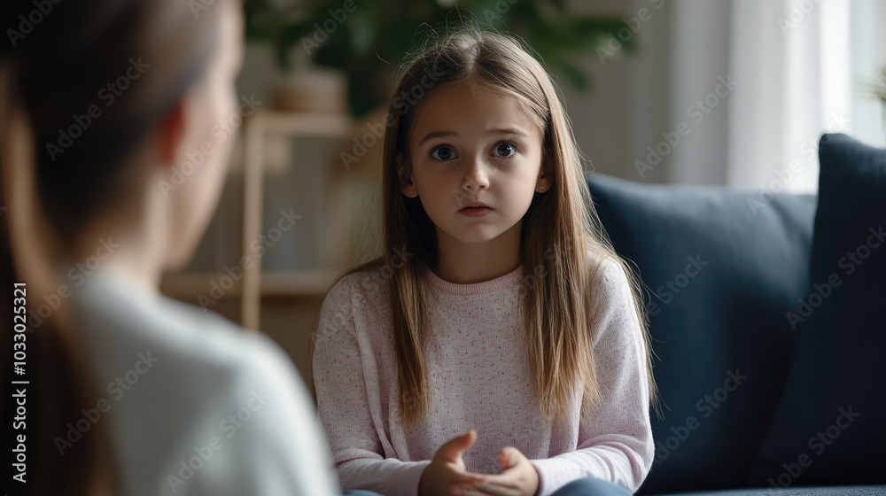 Little girl sharing her concerns with supportive child psychologist during therapy session in Little girl sharing her concerns with supportive child psychologist during therapy session in