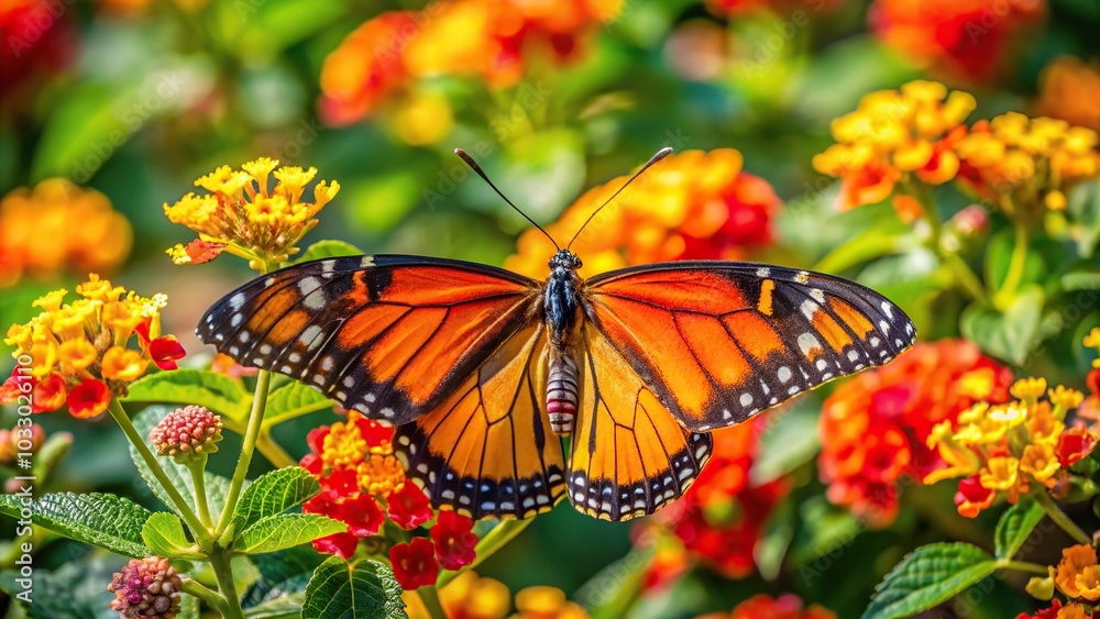 Close-up of vibrant orange butterfly on bush with yellow and red flowers Close-up of vibrant orange butterfly on bush with yellow and red flowers