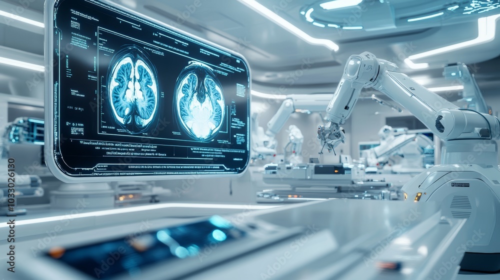 High-tech surgical room with holographic displays showing human anatomy, floating alongside robotic arms, futuristic, bright white and blue, 3D render, showing advanced medical procedures High-tech surgical room with holographic displays showing human anatomy, floating alongside robotic arms, futuristic, bright white and blue, 3D render, showing advanced medical procedures