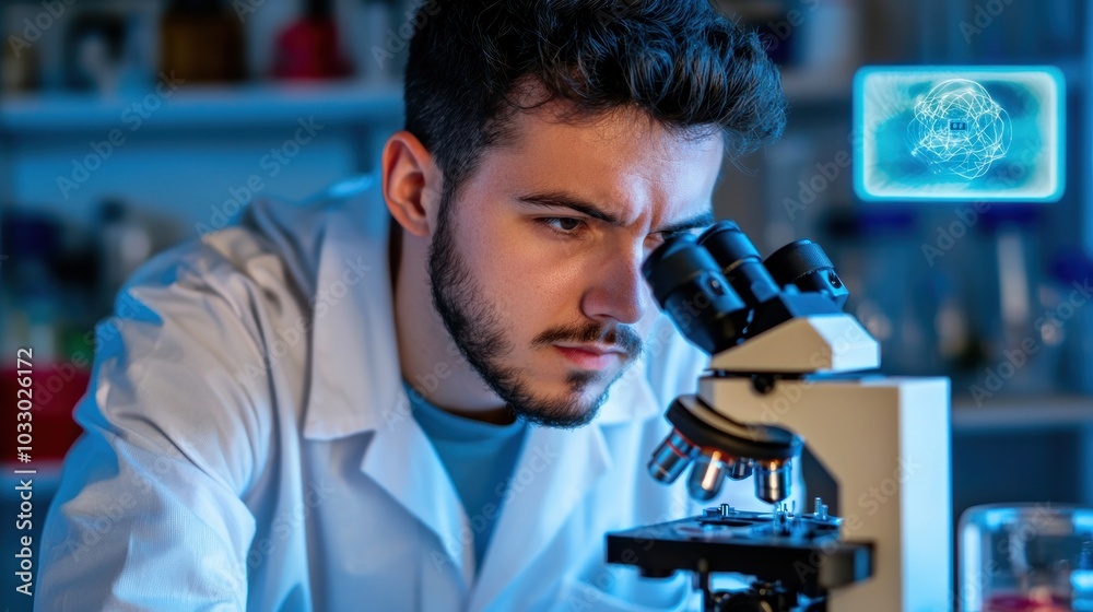 Focused research in science a young scientist examines samples under a microscope in a laboratory setting with advanced technology visuals
