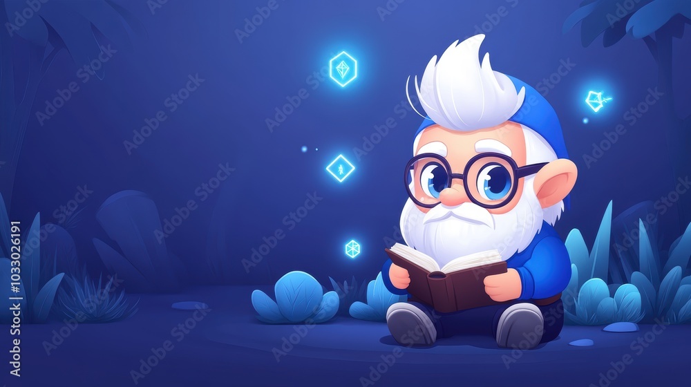 A whimsical, cartoonish wizard with glasses and a white beard sits reading a book in a magical forest, surrounded by glowing blue symbols. A whimsical, cartoonish wizard with glasses and a white beard sits reading a book in a magical forest, surrounded by glowing blue symbols.