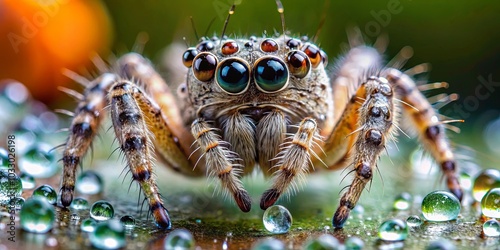 A Close-Up Portrait of a Jumping Spider Surrounded by Dew Drops, its Large Eyes Glowing with an Intriguing Curiosity