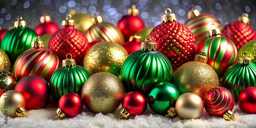 A Festive Collection of Sparkling Ornaments in Red, Green, and Gold, Adorned with Shimmering Decorations, Nestled in a Bed of Sparkling Snow A Festive Collection of Sparkling Ornaments in Red, Green, and Gold, Adorned with Shimmering Decorations, Nestled in a Bed of Sparkling Snow