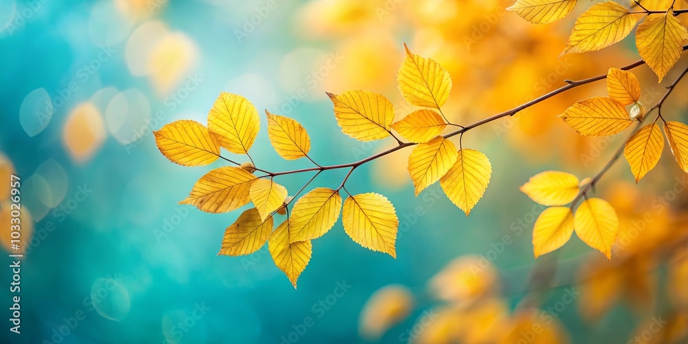 A delicate branch adorned with golden leaves, poised against a vibrant blue and green backdrop, a symphony of color in nature's embrace. A delicate branch adorned with golden leaves, poised against a vibrant blue and green backdrop, a symphony of color in nature's embrace.