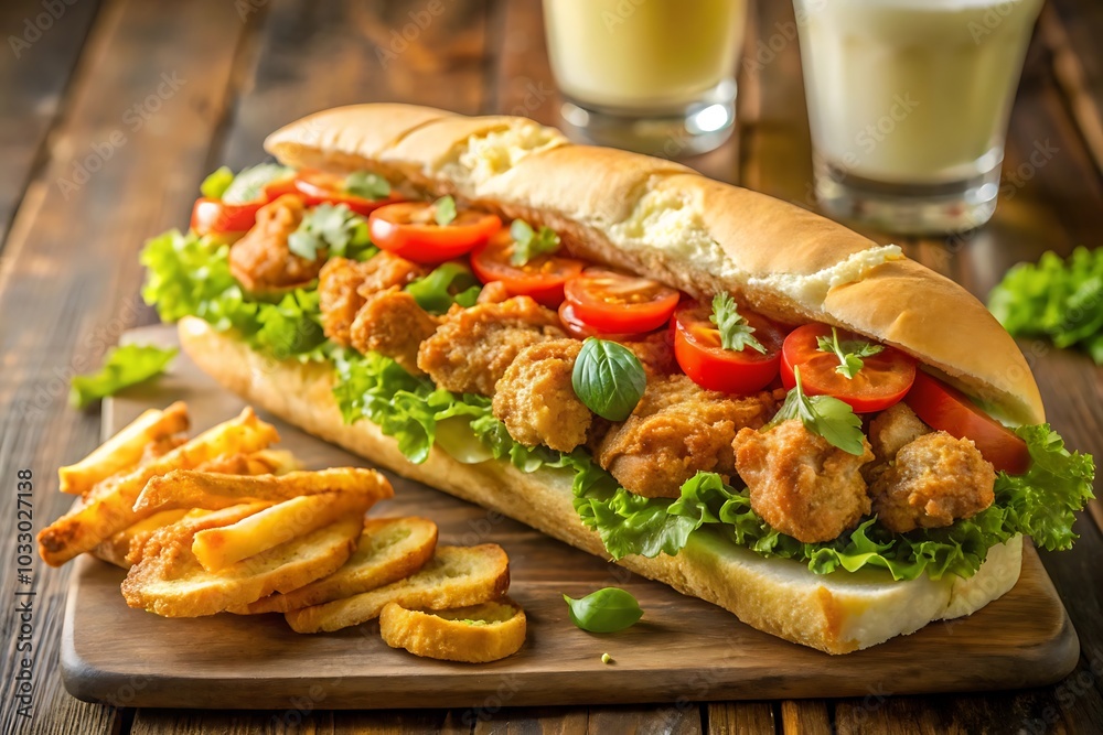 Large sausage in a hotdog bun served with spicy fries, Generative AI Large sausage in a hotdog bun served with spicy fries, Generative AI