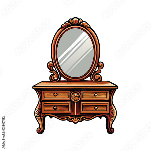 A vintage wooden dresser with ornate handles and curved legs. The dresser has four drawers and an oval mirror on top. The dresser is brown and has a light wood grain.