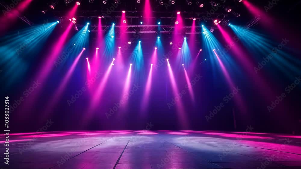 concert event stage with blue pink spotlights glowing shine on floor with dry ice fog