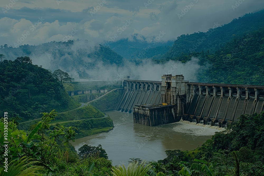 Concrete Dam in a Lush Tropical Forest with Mist Concrete Dam in a Lush Tropical Forest with Mist
