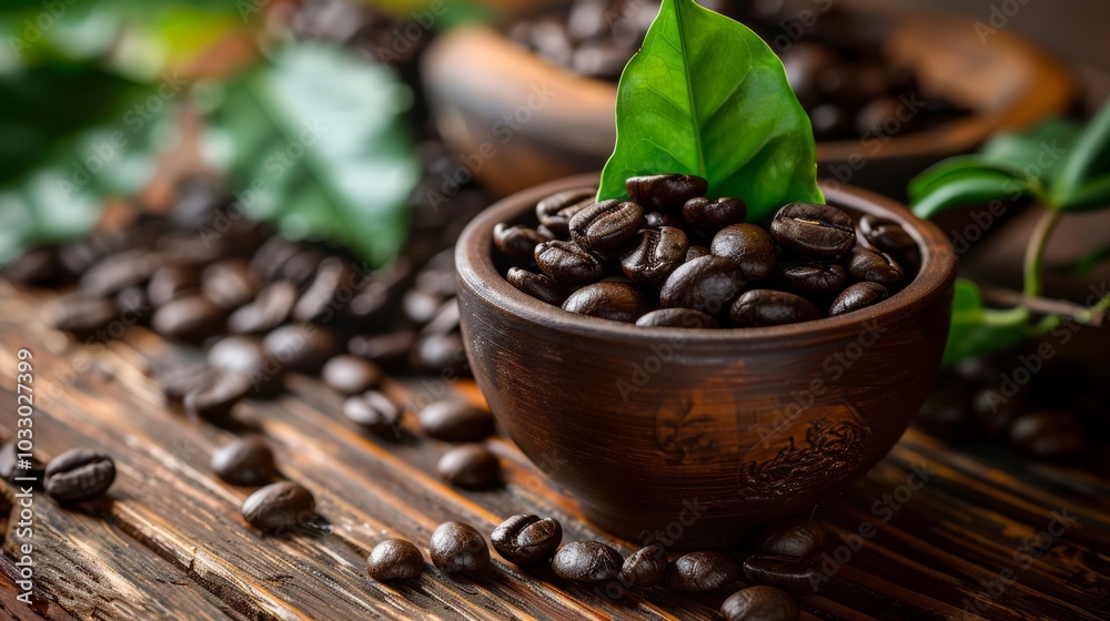FRESH COFFEE WITH BLACK COFFEE BEAN AND GREEN LEAF ON A WOODEN TABLE FRESH COFFEE WITH BLACK COFFEE BEAN AND GREEN LEAF ON A WOODEN TABLE