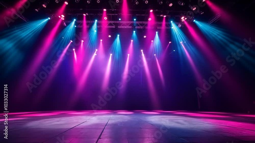 concert event stage with blue pink spotlights glowing shine on floor with dry ice fog