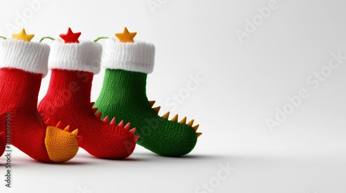 Colorful Christmas stockings with playful designs on a white isolated background. photo