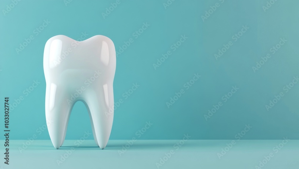 A single, white, shiny tooth stands upright against a bright blue background. The tooth has a simple, realistic design. A single, white, shiny tooth stands upright against a bright blue background. The tooth has a simple, realistic design.