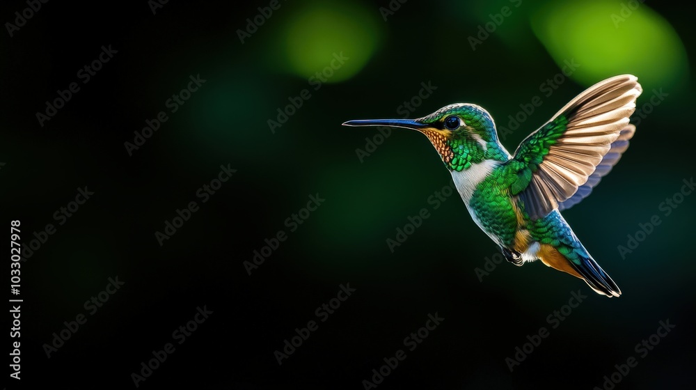Fototapeta premium Colorful hummingbird hovering in mid-air against a blurred background.
