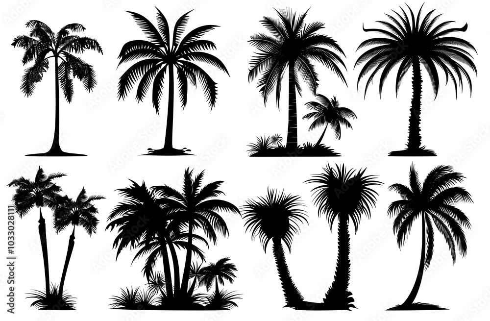 Palm tree set silhouettes in black color isolated on a white background Palm tree set silhouettes in black color isolated on a white background