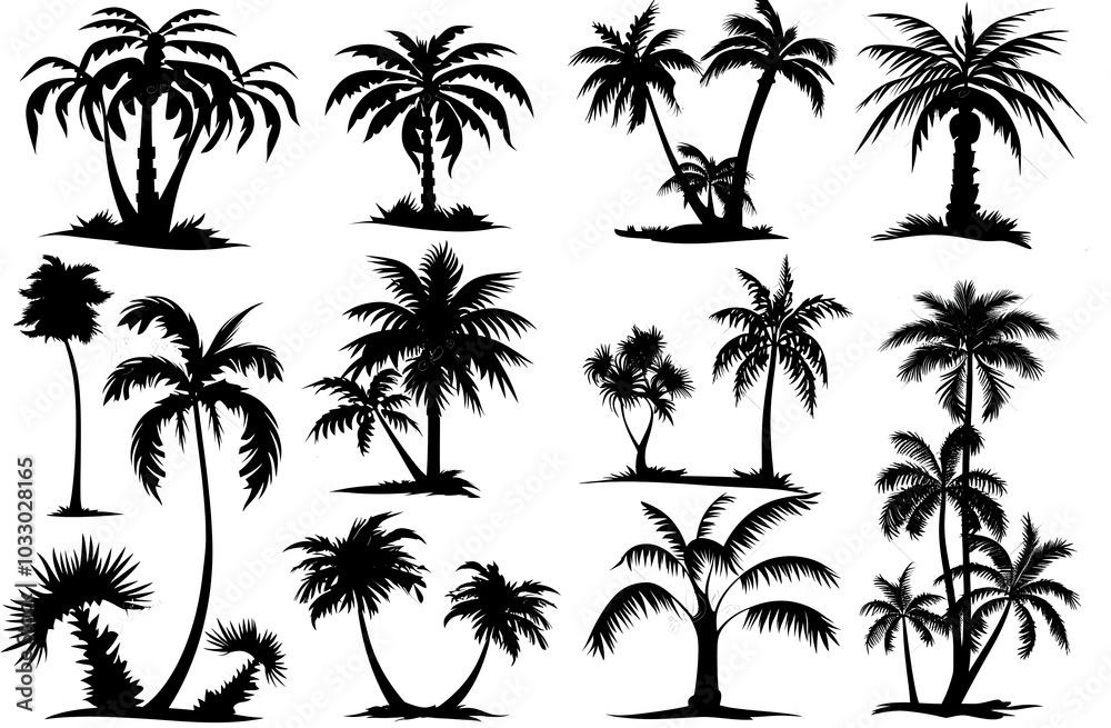 Palm tree set silhouettes in black color isolated on a white background Palm tree set silhouettes in black color isolated on a white background
