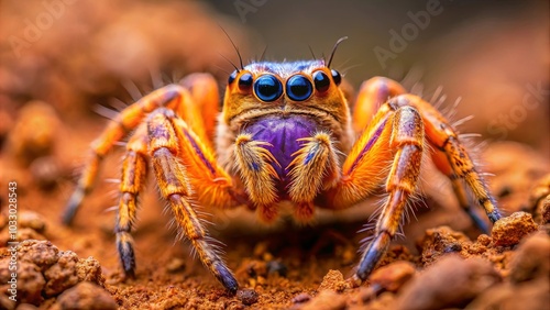 A vibrant orange and blue jumping spider with large eyes stares directly at the camera, its hairy legs gripping the textured surface.