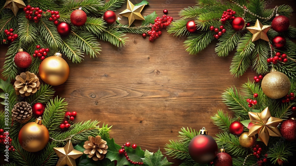 Festive Evergreen Branches Encircling a Rustic Wooden Background with Accents of Red and Gold Baubles, Twinkling Stars, and Holly Berries Festive Evergreen Branches Encircling a Rustic Wooden Background with Accents of Red and Gold Baubles, Twinkling Stars, and Holly Berries