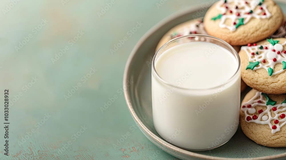 A plate of festive cookies decorated with icing, paired with a glass of milk, set against a soft, muted background. A plate of festive cookies decorated with icing, paired with a glass of milk, set against a soft, muted background.