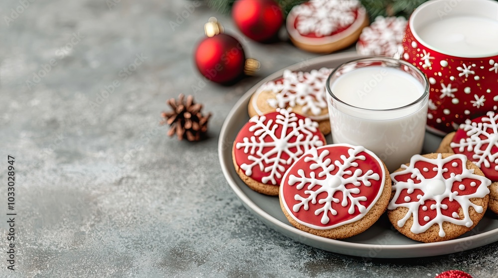 A festive arrangement of decorated cookies and milk on a plate, surrounded by holiday ornaments and pine cones, perfect for celebrating the Christmas season. A festive arrangement of decorated cookies and milk on a plate, surrounded by holiday ornaments and pine cones, perfect for celebrating the Christmas season.