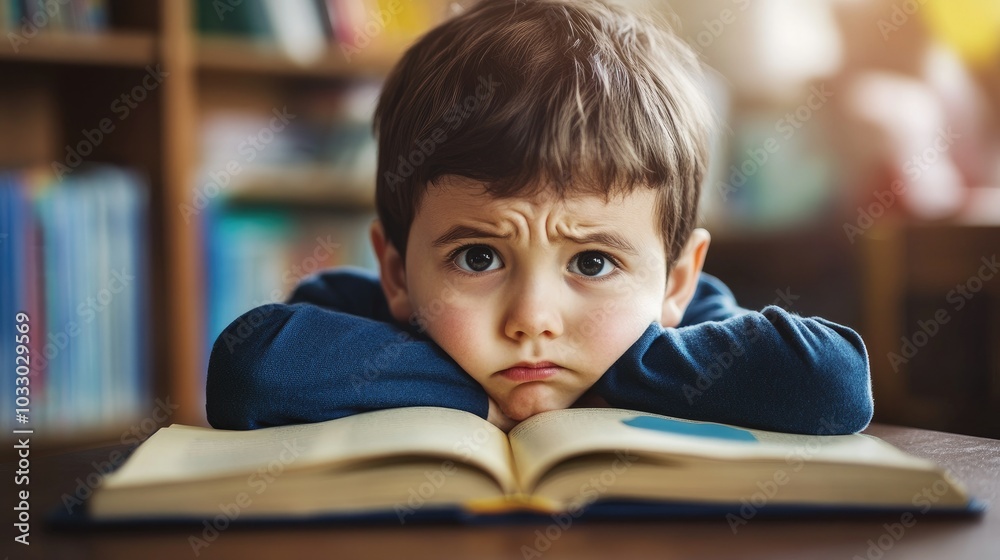 Pensive Young Boy Resting Chin on Hands Over Open Book in a Classroom, Lost in Thought Amidst School Activities Pensive Young Boy Resting Chin on Hands Over Open Book in a Classroom, Lost in Thought Amidst School Activities