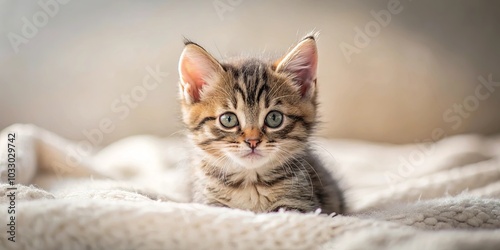 A small kitten with large green eyes rests on a soft white blanket, gazing inquisitively into the camera with a hint of mischief in its expression.